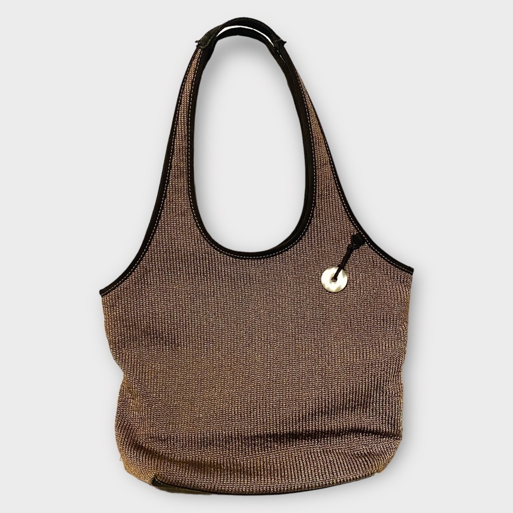 The Sak Brown Crochet Shoulder Bag Leather Reinforced Handles, Trim Lined
